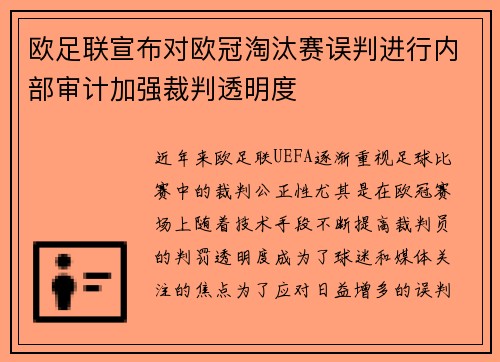 欧足联宣布对欧冠淘汰赛误判进行内部审计加强裁判透明度